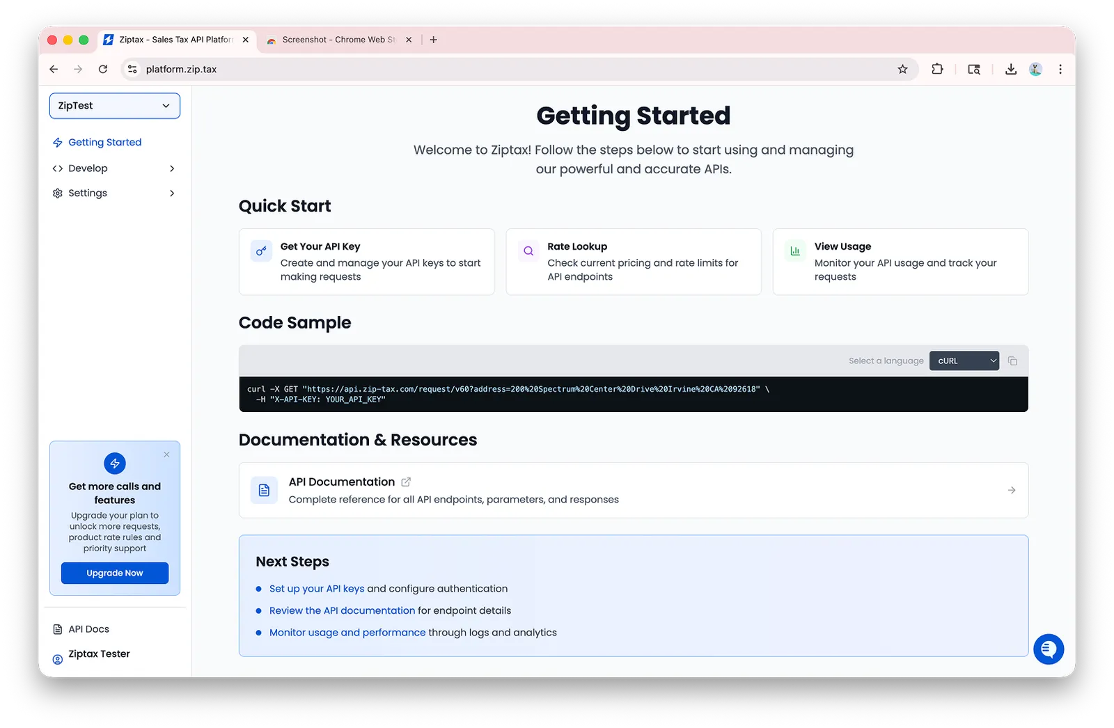 The Ziptax platform Getting Started page