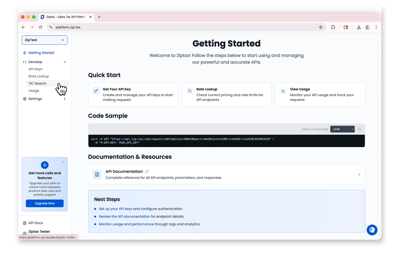 The Develop section expanded in the sidebar with TIC Search highlighted