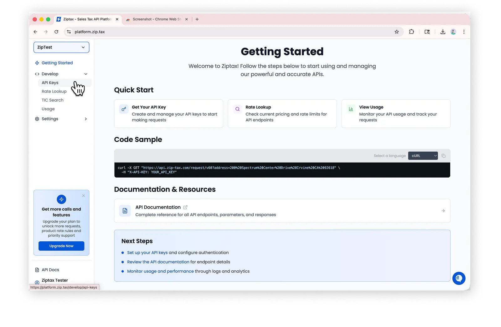 The Develop section expanded in the sidebar with API Keys highlighted