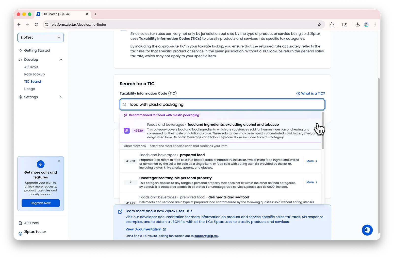 The TIC Search page with a sample query and matching results